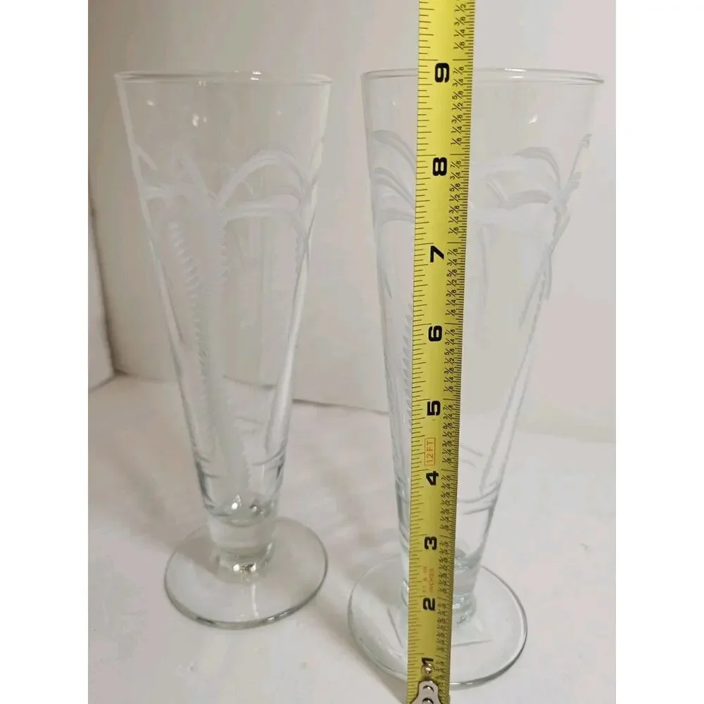 Lot of 2 Rolf Palm Tree Etched Pilsners Tall Crystal Glasses Tropical Clear Set